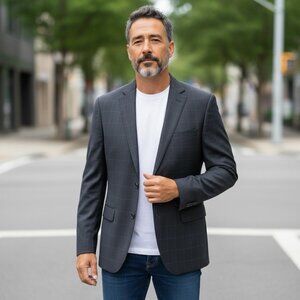 46S Short Pronto Uomo Platinum Grey Windowpane Wool Sport Coat Blazer Jacket